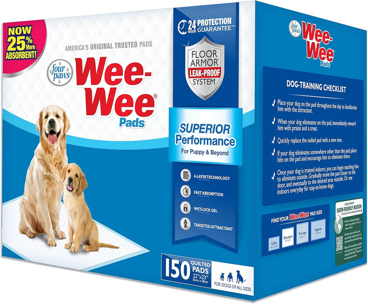 Wee-Wee Superior Performance Unscented Pee Pads for Dogs & Puppies, Quilted Leak-Proof Dog Housebreaking Potty Training Floor Protection, 22" X 23", 200 Count
